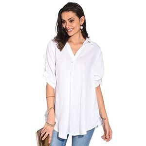 Bonateks Dames tuniek top 100% linnen gemaakt in Italië, blouse met V-hals en lange mouwen, wit, maat: XL, Wit, XL