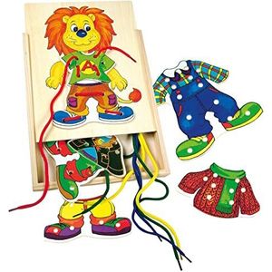 Bino naaibox Leo, speelgoed voor kinderen vanaf 3 jaar (houten speelgoed ter bevordering van kindervaardigheden, kleurrijk motoriekspeelgoed, kinderspeelgoed met sjablonen, rijgkoorden en opbergdoos),