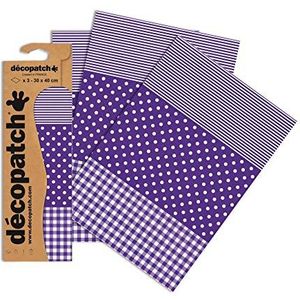 Decopatch knutselpapier, 395 x 298 mm, strepen/punten/ruiten, 3 stuks, violet/wit