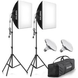 RALENO Softboxen, 2 x 50 W LED Softbox Fotostudio Set, 2 x 50 x 50 cm Fotolamp met 5500 K Lamp en Statief voor Portretfotografie, Game Streaming, YouTube Video Fotografie