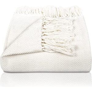 Gräfenstayn Premium Sprei 220 x 240 cm XXL - Visgraatpatroon met franjes 100% Katoen - Zomer Deken - Katoenen Deken als Bed Deken, Bankstel Deken, Bank Deken (Crème)