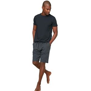 Trendyol Heren Man Gestreepte Gebreide T-Shirt-Korte Pyjama Set, Marineblauw, M (Pack van 2), Donkerblauw, M