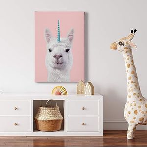 A.S. Création Canvas Dieren Eenhoorn Alpaca - Kunstdruk wit roze - 50x70 cm staand - moderne wanddecoratie slaapkamer woonkamer kinderkamer - afbeelding op spieraam