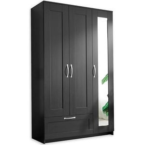 Salias Kledingkast met spiegeldeur in zwart - veelzijdige scharnierende deurkast 3 deuren voor je slaapkamer - 117 x 190 x 50 cm (b x h x d)