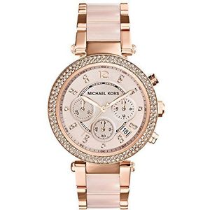 Michael Kors Parker chronograaf quartz horloge met roségouden roestvrijstalen band met blush acetaat middenschakels voor dames MK5896
