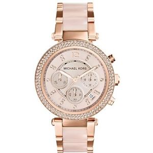Michael Kors Parker chronograaf quartz horloge met roségouden roestvrijstalen band met blush acetaat middenschakels voor dames MK5896
