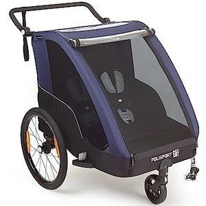 POLISPORT 8615000006 - Trailer + Stroller met wielen van 20 inch voor fietsen met maximaal 1 of 2 kinderen, een aanhanger met een maximale belasting van 41 kg, in de kleur grijs/blauw