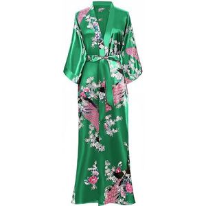 BABEYOND Lange kimono voor dames met pauwenprint en bloemen, Groen, One Size
