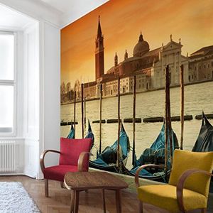 Apalis Vliesbehang gondels in Venetië fotobehang vierkant | fleece behang wandbehang wandschilderij foto 3D fotobehang voor slaapkamer woonkamer keuken | Maat: 240x240 cm, oranje, 97711