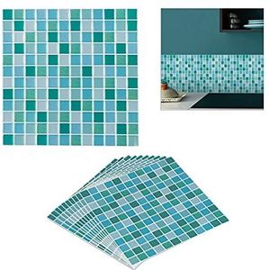 Relaxdays tegelstickers mozaiek, 10 stuks, zelfklevend, keuken & badkamer, 23.5 x 23.5 cm, 3D plaktegels, groen/blauw