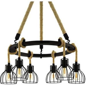 EGLO Hanglamp Rampside, 6-lichts vintage hanglamp in industrieel design, hanglamp van staal en hout, kleur: zwart, bruin, fitting: E27