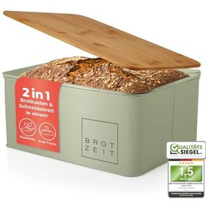 Lumaland Cuisine Broodtrommel | Metalen Broodtrommel met Bamboe Deksel | Rechthoekige Broodtrommel 30,5 x 23,5 x 14 cm | 2in1 Broodtrommel & Snijplank [Mintgroen]