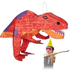 Relaxdays dino pinata, ophangen, kinderen, meisjes & jongens, verjaardag, zelf vullen, papier, piñata t-rex, rood
