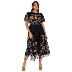 Maya Deluxe Dames dames midi-jurk zwart korte pofmouwen ronde hals bloemen geborduurd open rug stropdas A-lijn gelegenheid avond, Zwart, 52