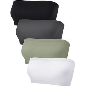 Bandeau-beha voor dames, strapless bralette, naadloze bandeau-beha, ongevoerde stretch top, 4 stuks, zwart, wit, olijfgroen, antraciet, S
