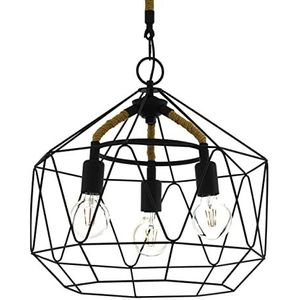 EGLO Hanglamp Cottingham, 3 vlammige hanglamp vintage, industrieel, retro, hanglamp van staal en natuurlijk touw, eettafellamp, woonkamerlamp hangend in zwart, natuur, E27 fitting, Ø 48,5 cm