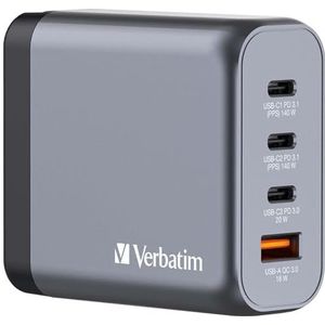 Verbatim GaN Charger 140 W, 4 poorten USB-C oplader, power adapter met 3 x USB-C en 1 x USB-A, snellader als meervoudige stekker, voor Apple MacBook, notebook, iPad, iPhone, Samsung en Co