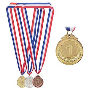 Relaxdays medailles voor kinderen, set van 3, Ø 5 cm, 1e, 2e, 3e plaats, met lint, kindermedaille, goud, zilver, brons