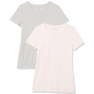 Amazon Essentials Women's T-shirt met korte mouwen en ronde hals in klassieke pasvorm, Pack of 2, Lichtgrijs/Lichtroze, XS