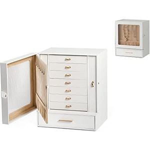 Meerveil Grote juwelendoos, 8 lagen juwelendoos, kabinet juwelendoos, Changhong glas, voorste weergavenster, meerdere opbergvakken, horloge organizers, PU leer, wit