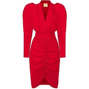 Swing Fashion Elegante damesjurk, feestjurk, cocktailjurk, avondjurk, zakelijke jurk, feestelijke jurk, potloodjurk, bodycon, V-hals, knielang, lange mouwen, rood, XL (42), rood, XL
