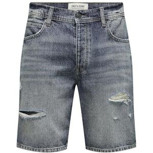 ONLY & SONS Heren Shorts Denim Knielange Bermuda Middelhoge Broek 100% Katoen Vijf-Zakken Jeans, Colour:Dark Blue, Size:XXL