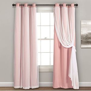 Lush Decor Sheer doorvoertule paneel met geïsoleerde verduisterende voering, kamer verduistering venster gordijn set (paar), 84"" x 38"", roze