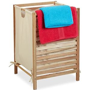 Relaxdays wasmand op pootjes - houten frame - 60 l- groot - katoenen waszak - slaapkamer