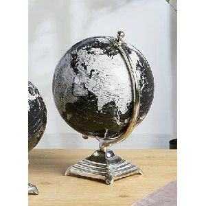 DRW - wereldbol - wereldbol zwart met zilverkleurige metalen voet 30 cm x 20 cm diameter