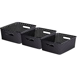 Curver My Style Rotan Effect Set van 3 Keuken, Woonkamer, Badkamer, Slaapkamer, Utility Medium Rechthoekige Opbergmanden 12 liter - Antraciet, Donkergrijs (L35,5 cm X B29cm X H13cm)