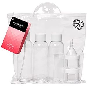 Manicare Reisflessen, lekvrije navulset, doorzichtige verpakkingen en flessen voor vloeistoffen, gels en crèmes, shampoo, reiniger, douchegels, transparante ritstas, voor vakantie en zakenreizen