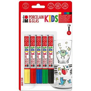 Marabu 0125000000083 - Porselein & Glas Painter Kids, Set Maxi Fun met 5 kleuren, porselein- en glasstift voor kinderen, eenvoudig schilderen, vaatwasmachinebestendig na inbranden, punt 1-3 mm