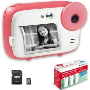 AGFA PHOTO Realikids Instant Cam Pack + 1 Micro SD-kaart 32 GB + 3 rollen thermisch papier ATP3WH – instant camera voor kinderen, lcd-display 2,4 inch, selfiespiegel en fotofilter – roze