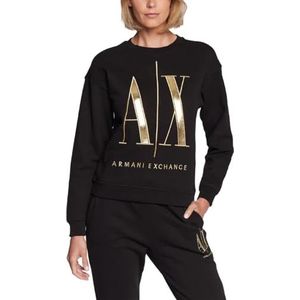 Armani Exchange Dames pictogram, maxi geborduurd gouden logo, manchetten sweatshirt met manchetten, Zwart, S