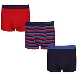 Ben Sherman Heren superzachte katoenen boxershort in rood/streep/marineblauw met contrasterende elastische tailleband - multipack van 3, Rood/Streep/Navy, S