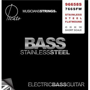 Picato 96658S 4-String roestvrij staal platte wond 45-100 korte schaal bas gitaar snaren, set van 4 stuks