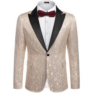 COOFANDY Blazer-pak voor heren, bloemenpatroon, jas, dinerfeest, eindejaarsbal, bruiloft, stijlvolle smoking, 1 - goudkleurig, XL
