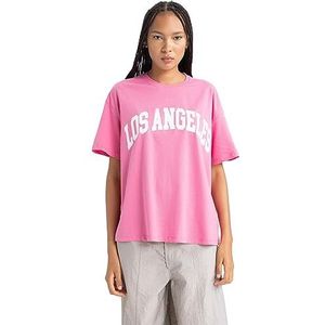 DeFacto Dames T-shirt - Klassiek basic oversized shirt voor dames - comfortabel T-shirt voor vrouwen, roze, M