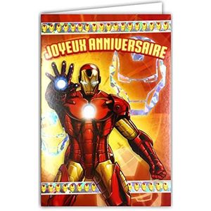 Marvel Avengers verzamelkaart Iron Man Happy Birthday zilver glanzend met gele omslag aan de binnenkant geïllustreerd superhelden Comics American Comics Serie Film Animatie Jongens Kinderen 130935