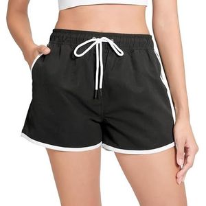 riemot Zwemshort voor dames, zomerzwembroek met verstelbaar trekkoord, strandshorts voor dames, met mesh, voor surfen, zwembad en vakantie, zwart, maat S, Zwart, S
