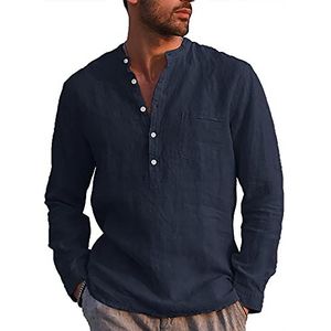LVCBL Henley Overhemd voor heren, met lange mouwen, vrijetijdshemd, linnen overhemd, regular fit, marineblauw, XL