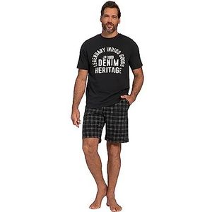 JP 1880, Heren grote maten, pyjama, homewear, kort tweedelig, T-shirt met print, geruite shorts, zwart, L
