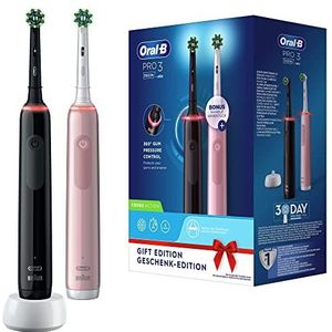 Oral-B Pro 3 - 3900 - Set van 2 elektrische tandenborstels roze en zwart, 2 handvatten met zichtbare poetsdruksensor, 2 opzetborstels, ontworpen door Braun