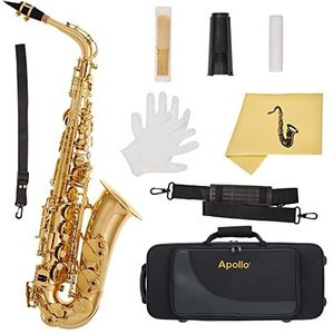 Apollo Altsaxofoon in goudlak met lederen pads, compleet met etui en accessoires (Student