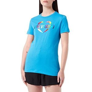 Love Moschino Dames Slim Fit in Cotton Jersey met Hart Multicolor Foil Print. T-Shirt, lichtblauw, 40 NL