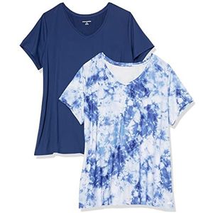 Amazon Essentials Dames Tech Stretch T-shirt met korte mouwen en V-hals (verkrijgbaar in grote maten), 2-Pack, Marineblauw/Wit Tie-dye, L