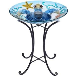 MUMTOP Glazen vogelbad vogelbaden voor buiten op zonne-energie vogelvoeder met metalen standaard voor tuin, tuin, gazon, decoratie, zeeschildpadpatroon (blauw, 21,5 x 18 inch)
