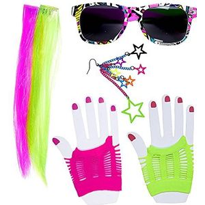 Widmann - Verkleedset voor meisjes, jaren 80, 2 neonhaarextensies, oorring, handschoenen en bril, carnaval, themafeest