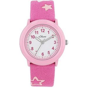 s.Oliver meisjes kinder quartz horloge, analoog, met textielband, roze, 3 bar waterbestendig, geleverd in een horloge geschenkdoos, 2036751