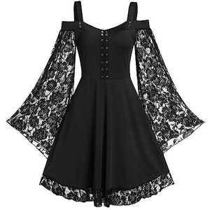 Black Sugar Rekbare jurk met bandjes voor dames, kant, pofmouwen, visnet, punk, gothic, emo, gothic, nut, gothic, avond, zwart, L, XL, XXL, 3XL, Zwart, XL